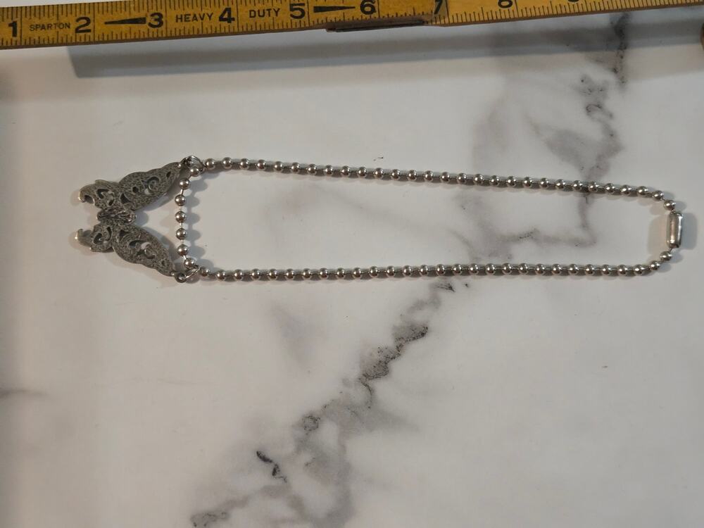 Vintage Silvertone Filigree Butterfly Ball Bead Chain Choker Necklace 12 Inch